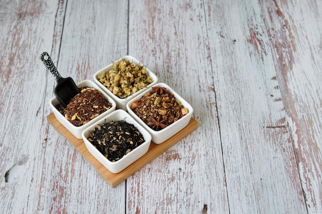 Fresh seasonal tea leaves arranged by harvest season